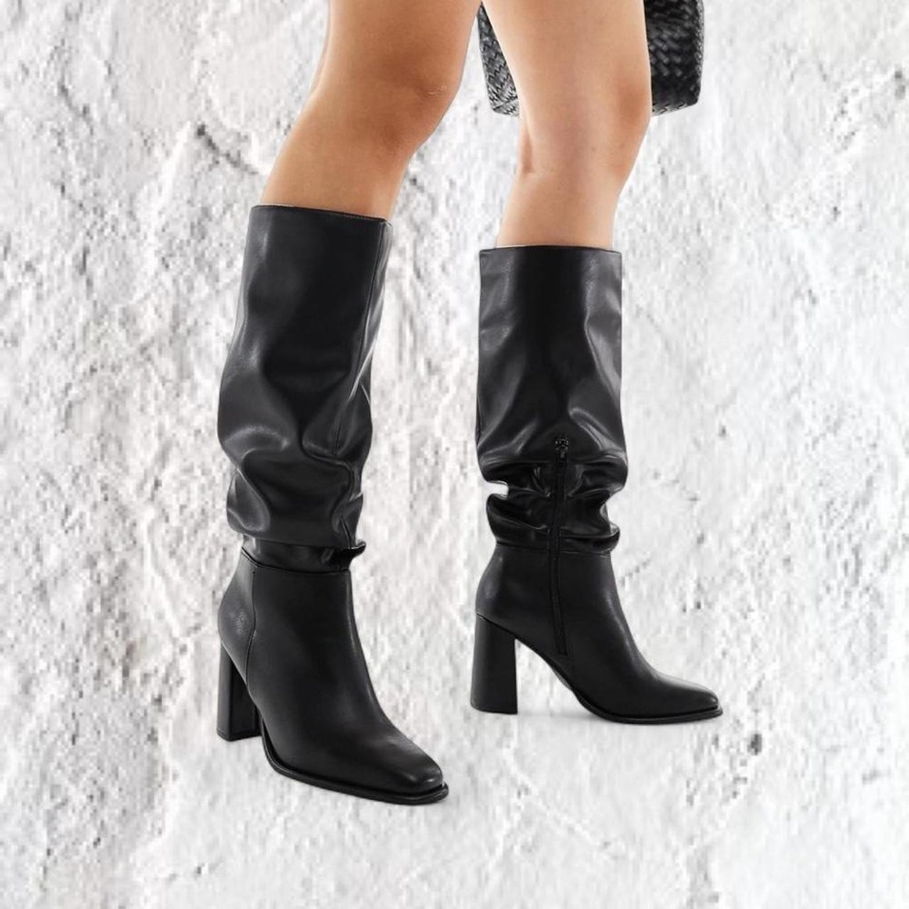 London Rebel Maggie Black Slouchy Block Heel Boots Square Toe Womens 10 NEW